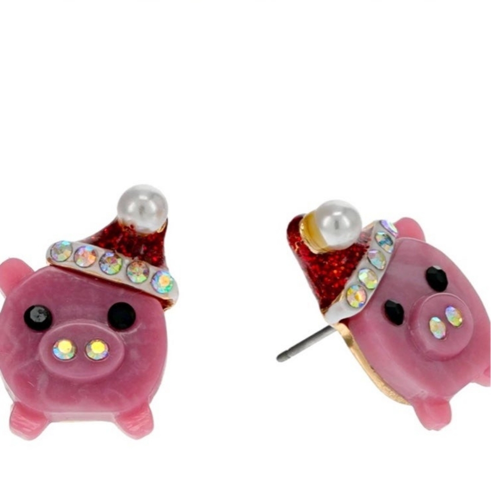 New Betsey Johnson HOLIDAY WHIMSY SANTA PIG STUDS PINK
